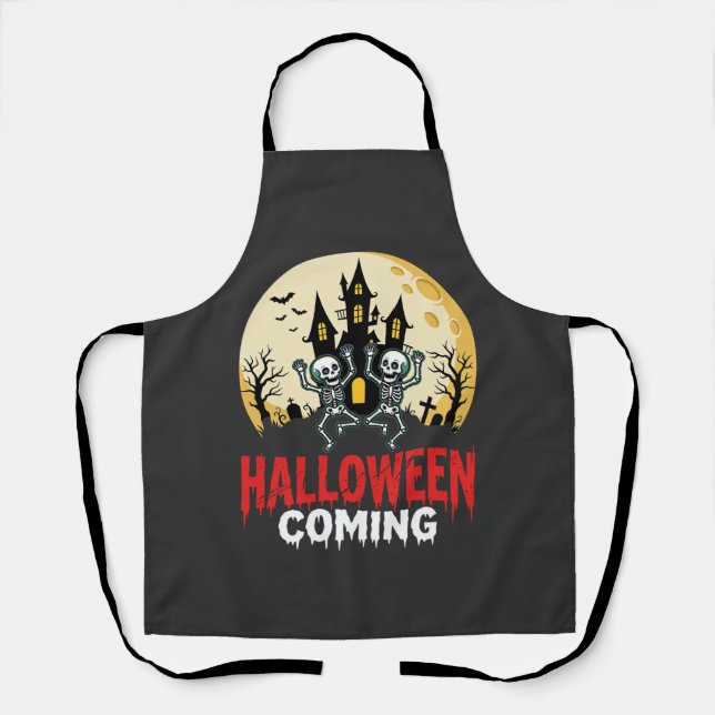 Halloween Coming Dancing Skeletons Haunted Castle  Apron (Front)