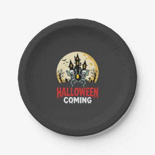 Halloween Coming Dancing Skeletons Haunted Castle Paper Plate