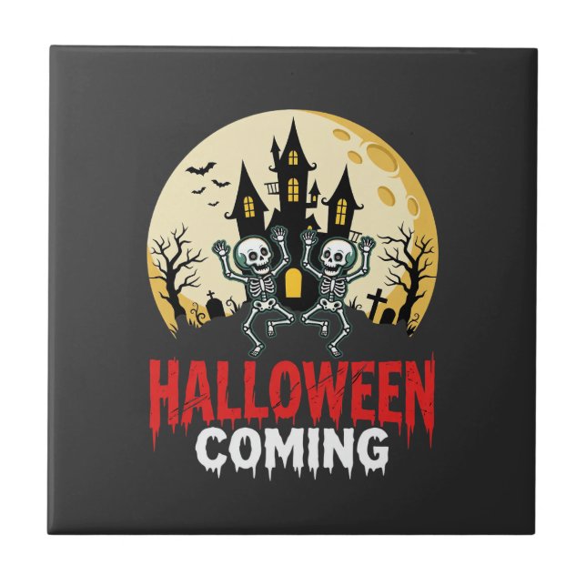 Halloween Coming Dancing Skeletons Haunted Castle  Tile (Front)