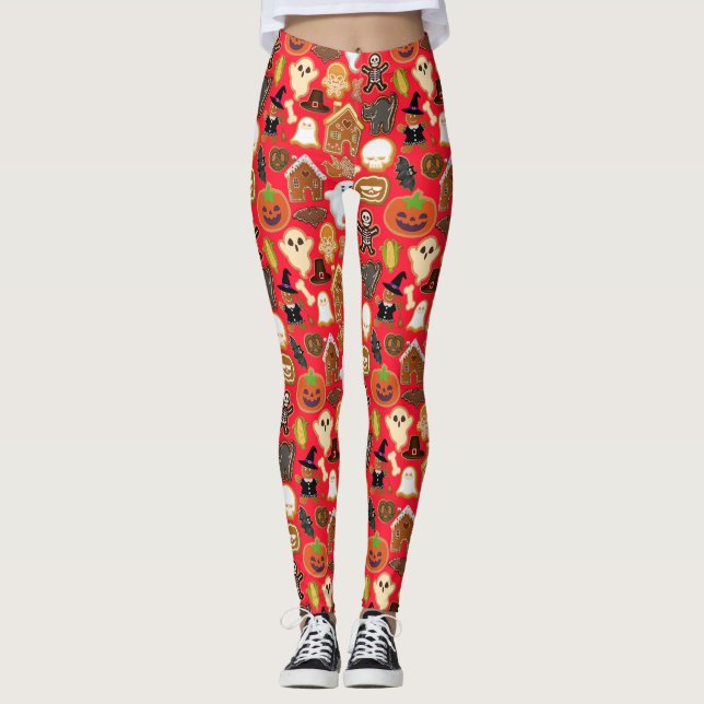 Halloween Cookies Pattern Collection B Red BG Leggings (Front)