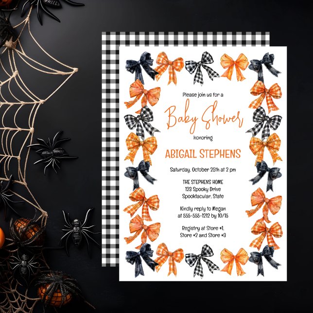 Halloween Coquette Black | Orange Bows Baby Shower Invitation (Halloween Coquette Black | Orange Bows Girl Baby Shower Invitation)
