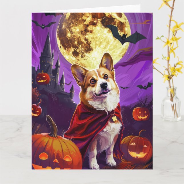 Halloween Corgi Vampire Pumpkins Scary Card (Yellow Flower)
