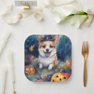 Halloween Corgi With Pumpkins Scary Paper Plate