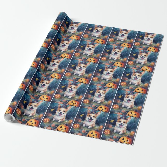 Halloween Corgi With Pumpkins Scary Wrapping Paper (Unrolled)