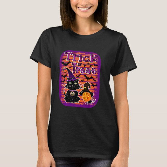 Halloween Costume Black Cat Witch Hat Mouse Spider T-Shirt (Front)