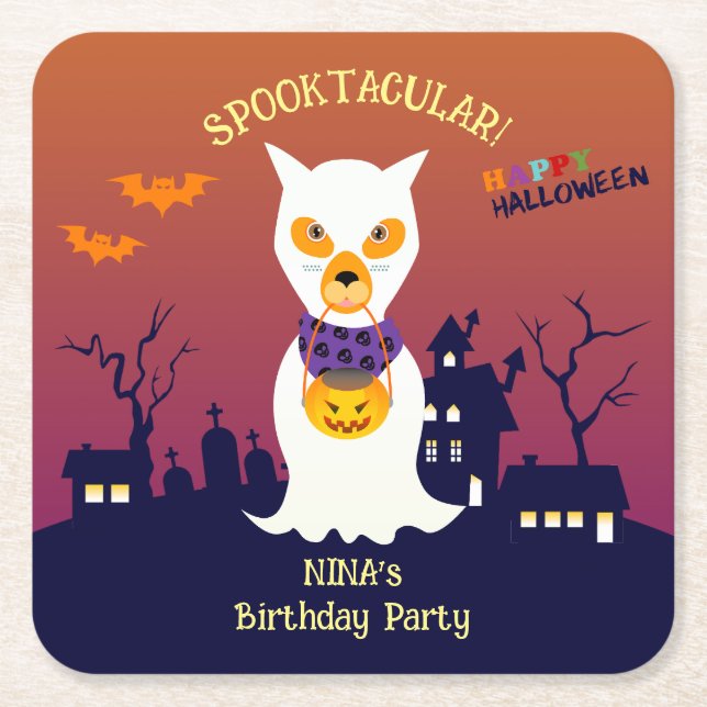 Halloween Costume Girl Birthday Party  Square Paper Coaster (Front)