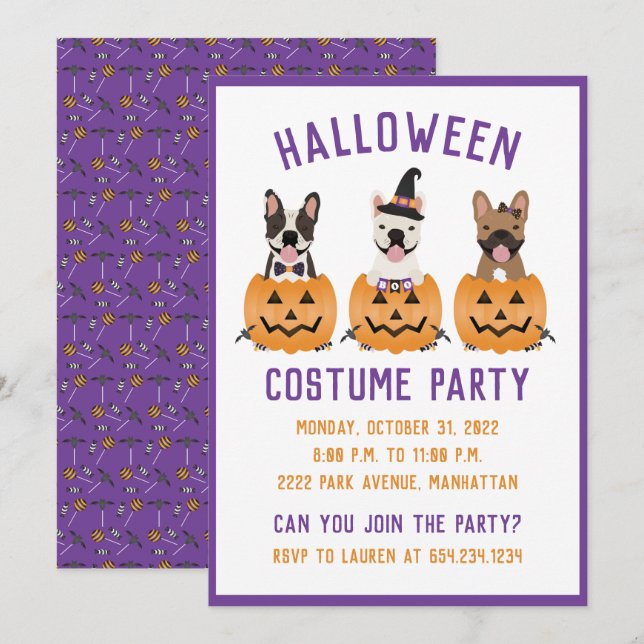 Halloween Costume Party French Bulldogs Pumpkin Invitation (Front/Back)