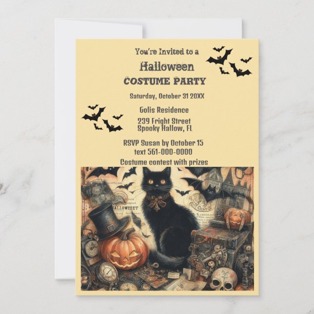 Halloween Costume Party Vintage Black Cat  Invitation (Front)