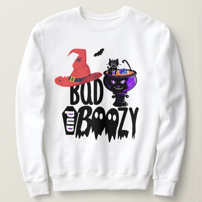 Halloween Costume Tee, Witch Bad & Boozy Black Cat Sweatshirt (Design Front)
