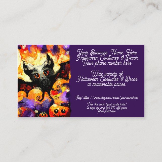 Halloween Costumes & Decor Bat Shop Sales Etsy  Business Card (Front)