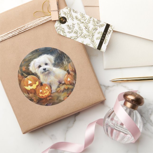 Halloween Coton De Tulear With Pumpkins Scary Classic Round Sticker (Gifting)