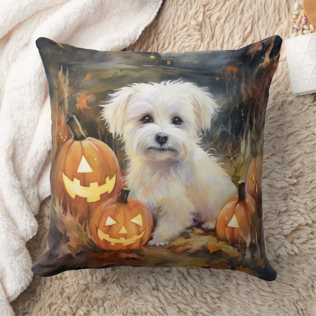 Halloween Coton De Tulear With Pumpkins Scary Cushion (Blanket)