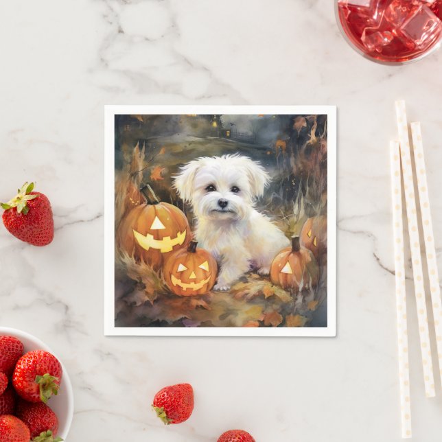 Halloween Coton De Tulear With Pumpkins Scary Napkin (Insitu)