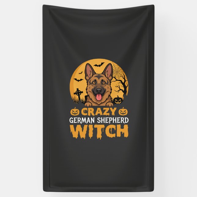 Halloween Crazy German Shepherd Witch Design Banner (Vertical)