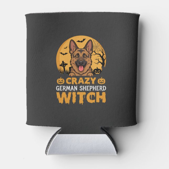 Halloween Crazy German Shepherd Witch Design Can Cooler (Front)