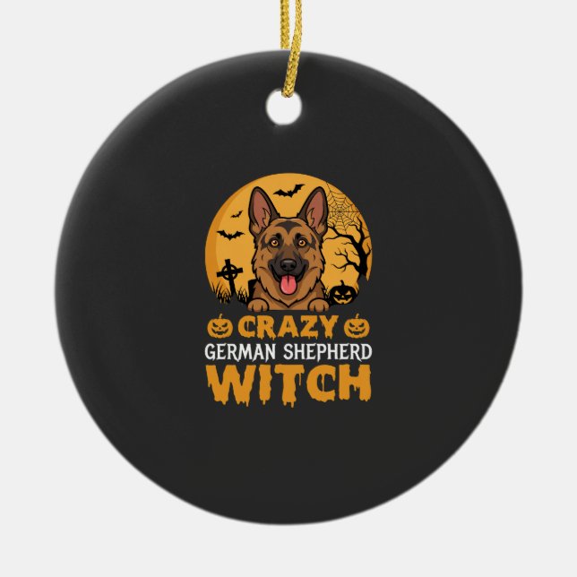 Halloween Crazy German Shepherd Witch Design Ceramic Tree Decoration (Front)