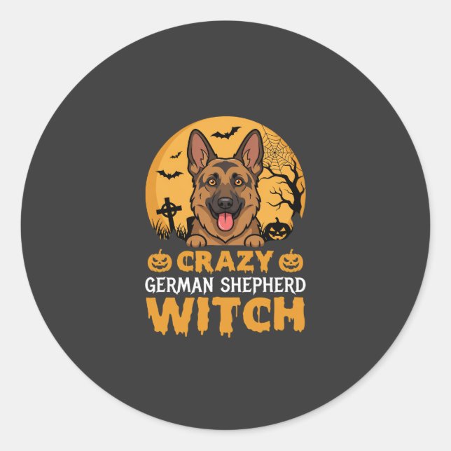 Halloween Crazy German Shepherd Witch Design Classic Round Sticker (Front)