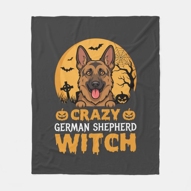 Halloween Crazy German Shepherd Witch Design Fleece Blanket (Front)