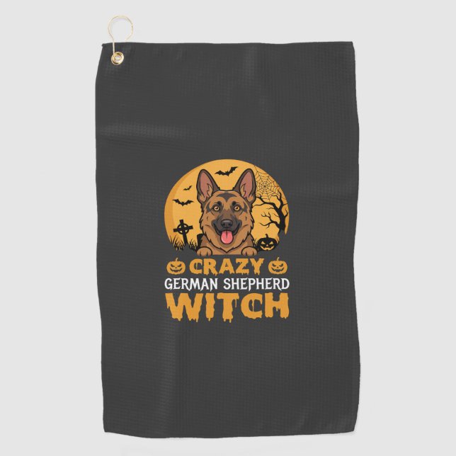 Halloween Crazy German Shepherd Witch Design Golf Towel (Front)