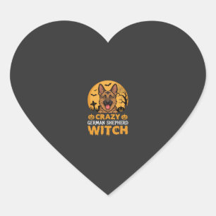 Halloween Crazy German Shepherd Witch Design Heart Sticker