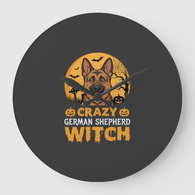 Halloween Crazy German Shepherd Witch Design Large Clock (Front)