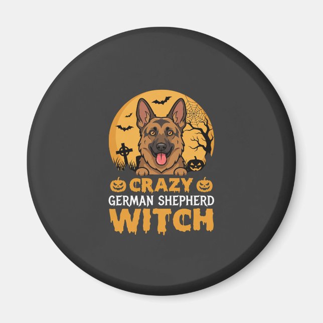 Halloween Crazy German Shepherd Witch Design Magnet (Front)