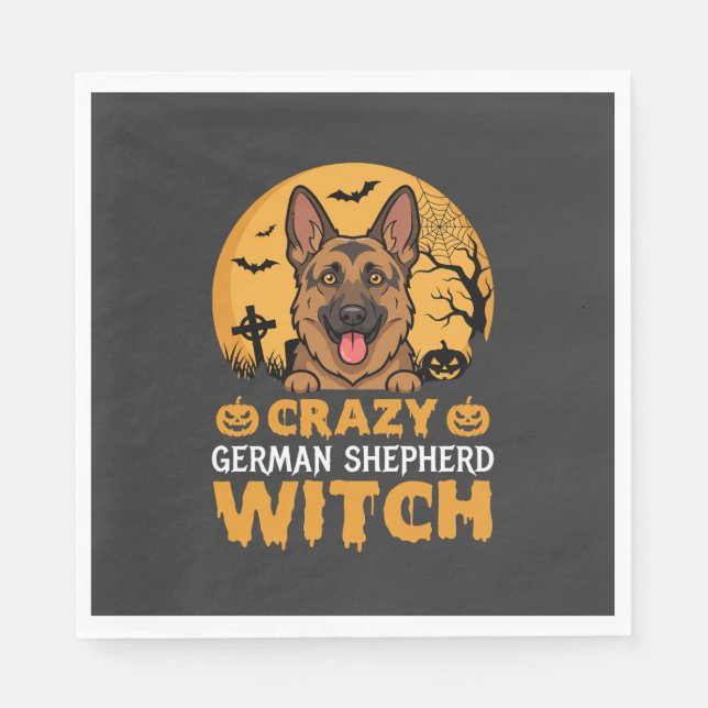 Halloween Crazy German Shepherd Witch Design Napkin (Front)