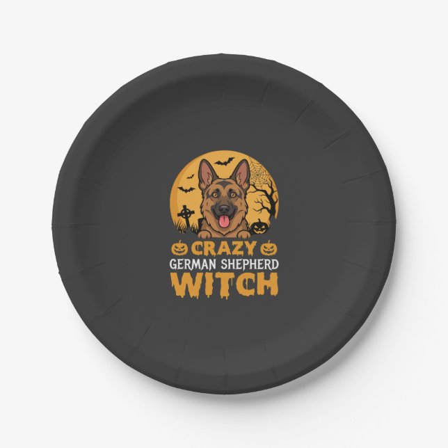 Halloween Crazy German Shepherd Witch Design Paper Plate (Front)