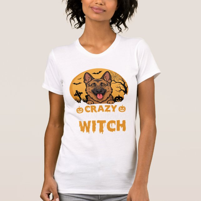 Halloween Crazy German Shepherd Witch Design T-Shirt (Front)