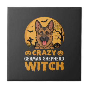 Halloween Crazy German Shepherd Witch Design Tile
