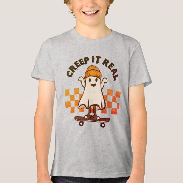 Halloween Creep It Real Cute Ghost Skateboard Tri-Blend Shirt (Front)