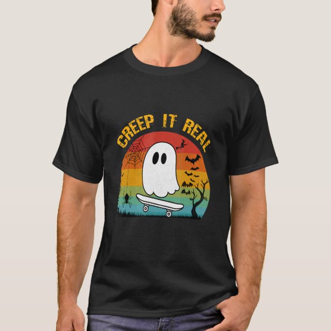 Halloween Creep It Real Retro Skateboarding Ghost T-Shirt (Front)