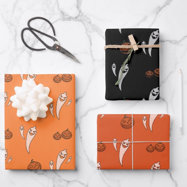 Halloween Creepy Ghosts Pumpkins Orange & Black 3 Wrapping Paper Sheet (Front)
