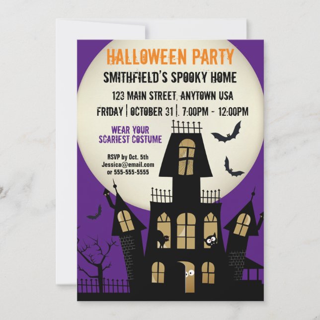 Halloween Creepy Haunted House Full Moon Cartoon Invitation (Front)