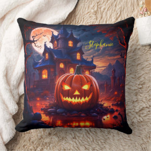 Halloween Creepy Pumpkin Haunted House Fullmoon Cushion
