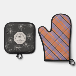 Halloween Creepy Spider Webs and Plaid Custom Oven Mitt & Pot Holder Set