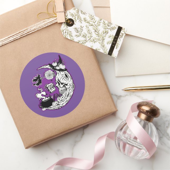 Halloween Crescent Moon Witch Skull Classic Round Sticker (Gifting)