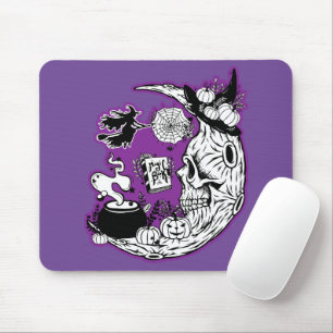 Halloween Crescent Moon Witch Skull Mouse Pad