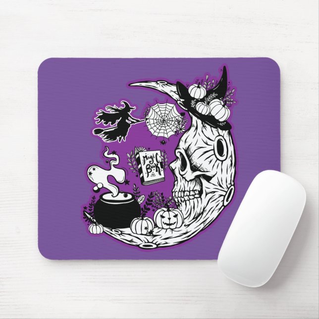 Halloween Crescent Moon Witch Skull Mouse Pad (With Mouse)