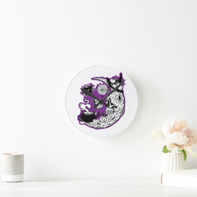 Halloween Crescent Moon Witch Skull Round Clock (Home)