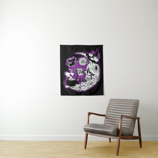Halloween Crescent Moon Witch Skull Tapestry (In Situ)