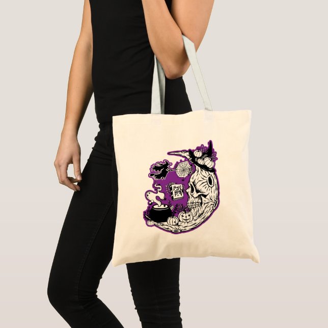 Halloween Crescent Moon Witch Skull Tote Bag (Front (Product))