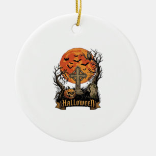 Halloween Cross Gravestone Skull Pumpkin Black Cat Ceramic Tree Decoration
