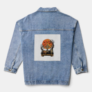 Halloween Cross Gravestone Skull Pumpkin Black Cat Denim Jacket