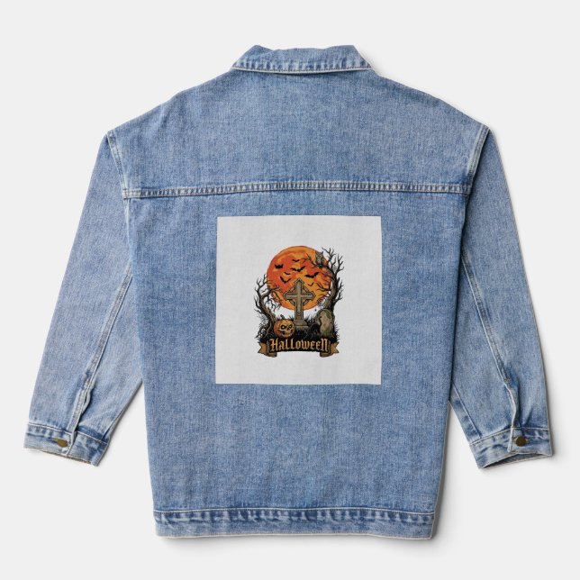 Halloween Cross Gravestone Skull Pumpkin Black Cat Denim Jacket (Back)