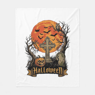 Halloween Cross Gravestone Skull Pumpkin Black Cat Fleece Blanket