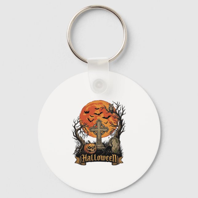 Halloween Cross Gravestone Skull Pumpkin Black Cat Key Ring (Front)