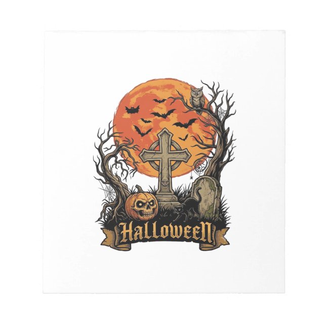 Halloween Cross Gravestone Skull Pumpkin Black Cat Notepad (Front)