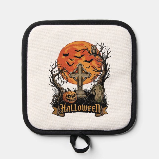 Halloween Cross Gravestone Skull Pumpkin Black Cat Pot Holder (Front)