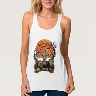 Halloween Cross Gravestone Skull Pumpkin Black Cat Singlet